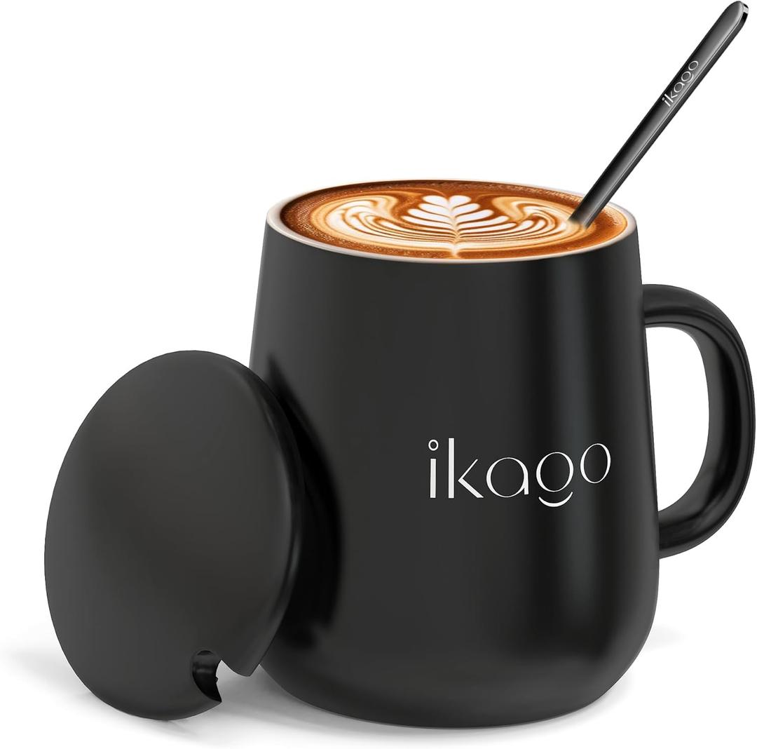 Ikago Ceramic Coffee Mug Set, 15oz Mugs with Lid and Spoon, Black Coffee Mug, Matching Mug lid, Novelty Laser Engraving Pattern, Best Gift for Coffee, Tea, Cocoa Lovers