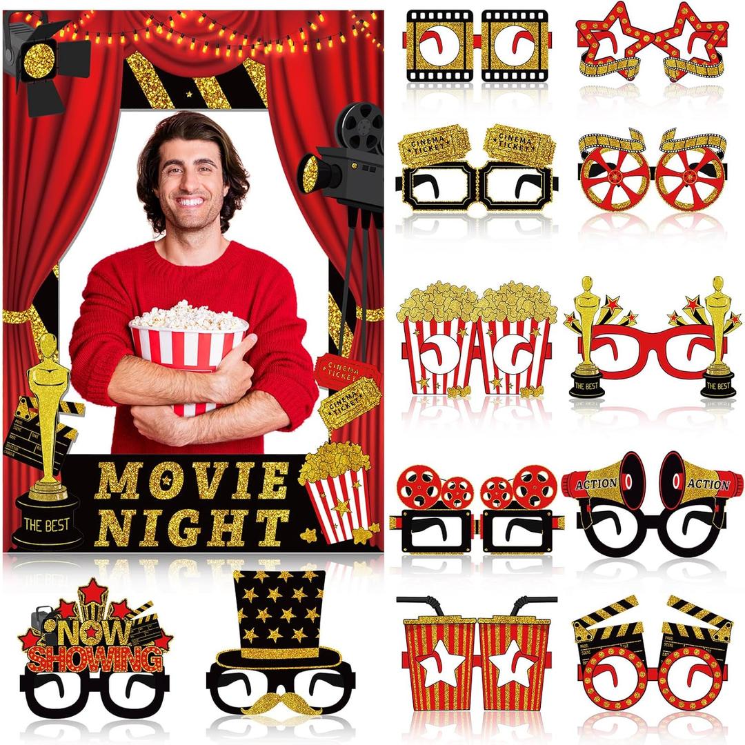 25 Pcs Movie Night Photo Booth Prop Kit Movie Night Party Decoration Theater Paper Glasses Theater Ticket Popcorn Photo Frame and Props for Showtime Backdrop Birthday Party Supplies