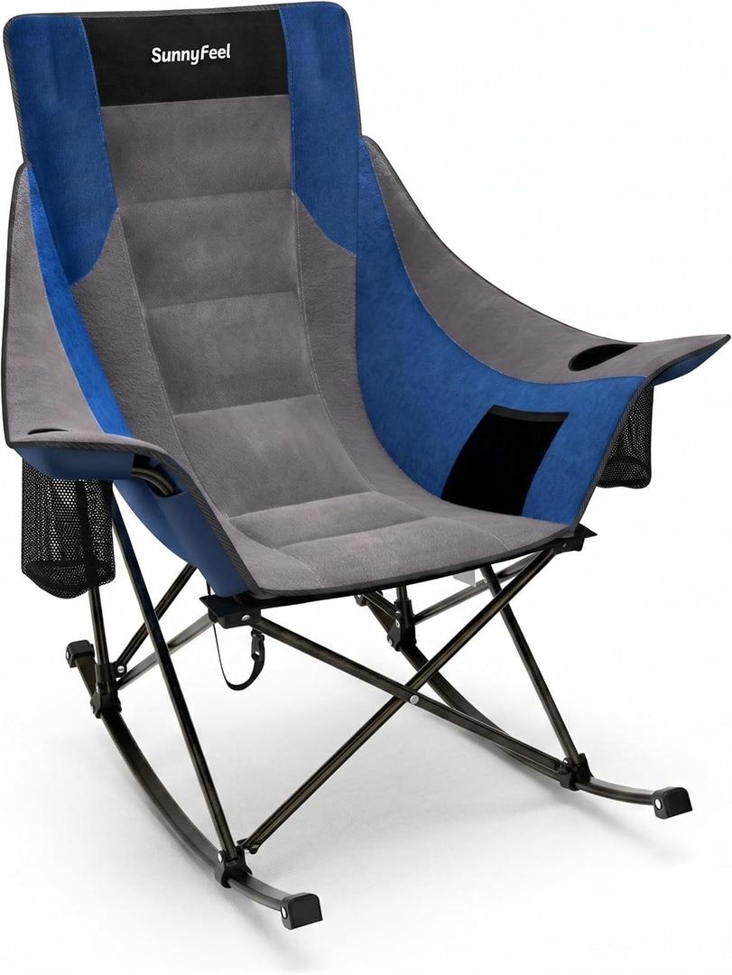 SUNNYFEEL Rocking Camping Chair Fully Padded Patio Folding Chair Portable Oversized Outdoor Rocker High Back Lawn Recliner with Side Pocket Camp Rocker Chairs for Adults Heavy Duty 500 LBS Blue, 1 Pack