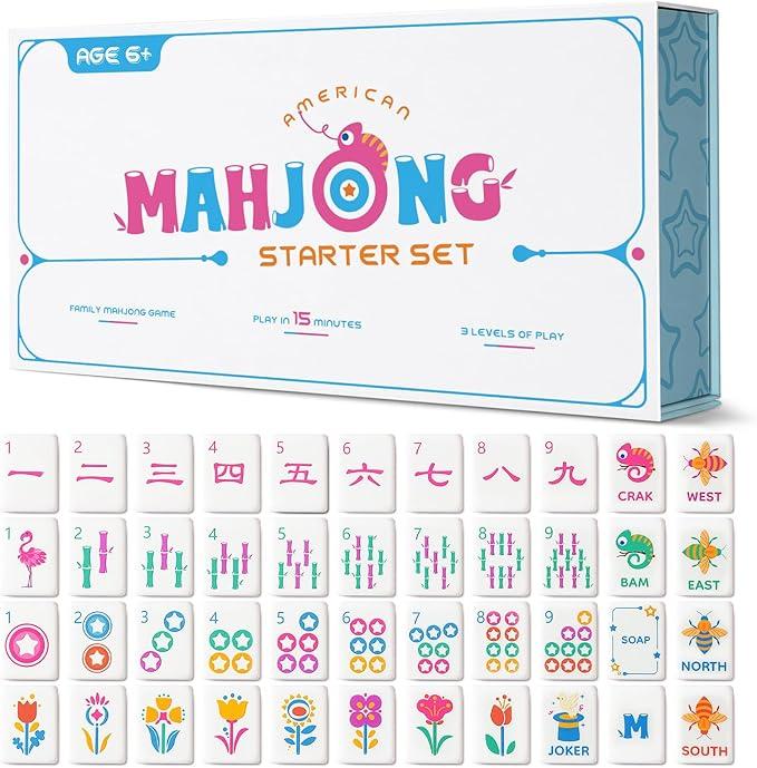 Mini Mahjong Set for Kids & Beginners, Portable Travel Mahjong Tiles Set American for Family, 160 Acrylic Mini Mahjong Tiles with Carrying Bag, Mat, Racks, Mah Jong Starter Kit for Ages 6+ 