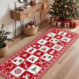 Christmas Runner Rug 2x5 Washable Rug for Hallway Kitchen Bedroom, Christmas Home Decor, Holiday Print Carpet, Low Pile Mat with Non Slip Backing, Red White Checkerboard