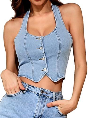 ELLEVEN Women's Denim Halter Top Jean Vest - Square Neck Button Front Slim Fit Crop Vest Western Summer Outfit, Size M