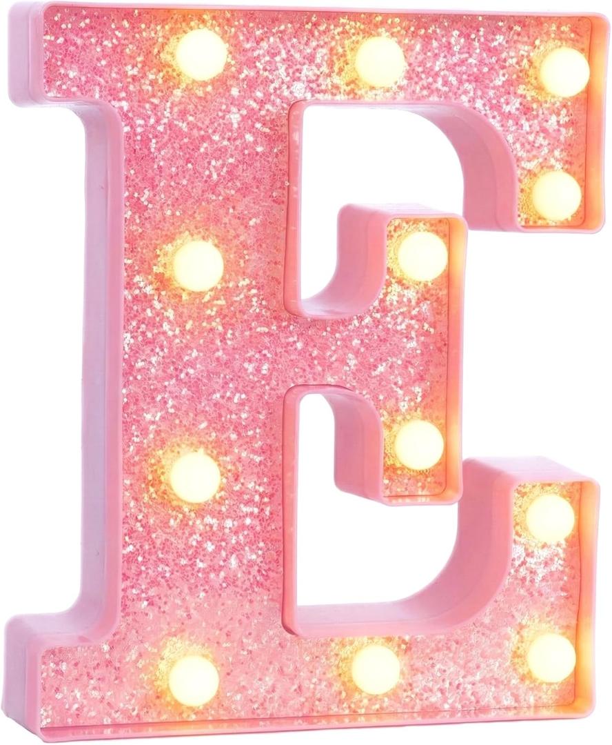 Pink Marquee Light Up Letters, Glitter Alphabet LED Letter Lights for Pink Birthday Party Decorations, Battery Operated Letter Sign for Girls Room Vanity Table Decor, Warm White Lights Letter E