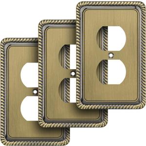 Henne Bery Rope Edge Decorative Wall Plate Switch Plate Outlet Cover (Single Duplex, 3 Pack, Antique Brass)