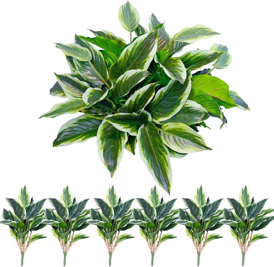 6PCS Artificial Tropical Green Plants 15.75" Fake Hostas Outdoor Artificial Plants, UV Resistant, Faux Green Leaf Stems for Porch, Patio, Balcony, Garden Planter or Indoor Dcor