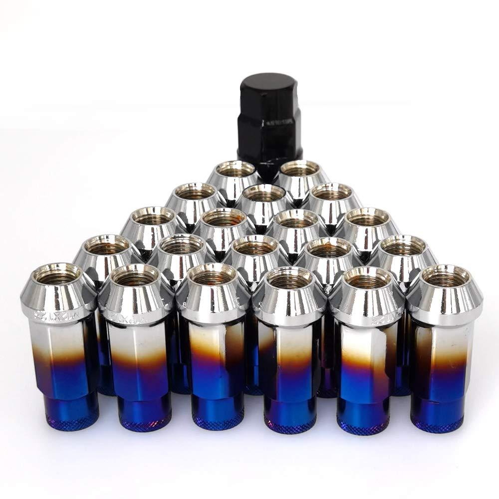 Lug Nuts M12x1.25 Open End Wheel Nuts,Taper Acorn Seat, Forged Locknut Racing Nut 20 Set 2 Pieces Total 22 Pieces and 1 Nut Socket Key (Red-Blue M12 x P1.25)
