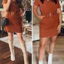 Women's Corduroy Mini Dress Short Sleeve Lapel Zip Up Belted Cowgirl Dresses with Pockets (Brown, XXL)