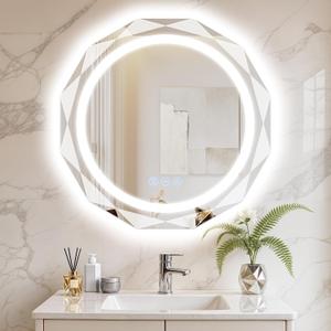 28 Inch Round LED Bathroom Mirror with Lights, Frameless Vanity LED Mirror for Bathroom with Beveled Edge, Backlit Anti-Fog, Dimmable, 3 Colors, Memory Function, Tempered Glass, Shatter-Proof