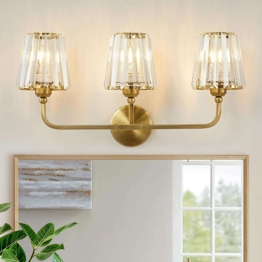 Bathroom Light Fixtures, Modern Vanity Light with Crystal Glass Shade, 3-Light Lighting Fixtures Over Mirror, Wall Light Lamp E26 Socket Vanity Light for Bathroom, Powder Room, Hallway