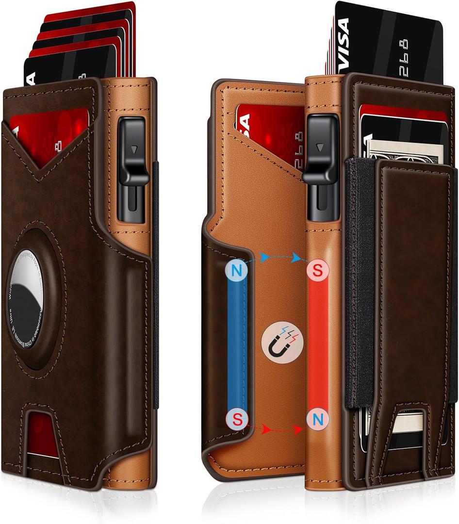 Iitrrs Airtag Wallet for Men, Minimalist Slim Mens Wallet Smart Pop Up Credit Card Holder for 9-13 Cards, RFID Blocking Wallet with ID Window & Cash Slot, Compact Bifold Metal Aluminum Card Case (CoffeeBrown)