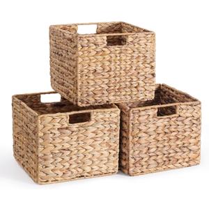 12X12X10in Water Hyacinth Storage Baskets, Wicker Storage Cubes Set of 3, Kitchen Baskets for Pantry Organization, Foldable Square Baskets for Shelves