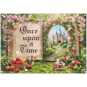 7x5ft Fairy Tale Magic Book Backdrop Enchanted Forest Castle Princess Floral Arch Photography Background Wedding Birthday Party Decorations Photo Banner Props