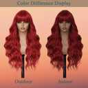Long Red Wigs with Bangs 26Inch Wavy Curly Hair for Women Tangle Free Beginner Friendly Soft Natural Looking Wigs for Daily Party Use