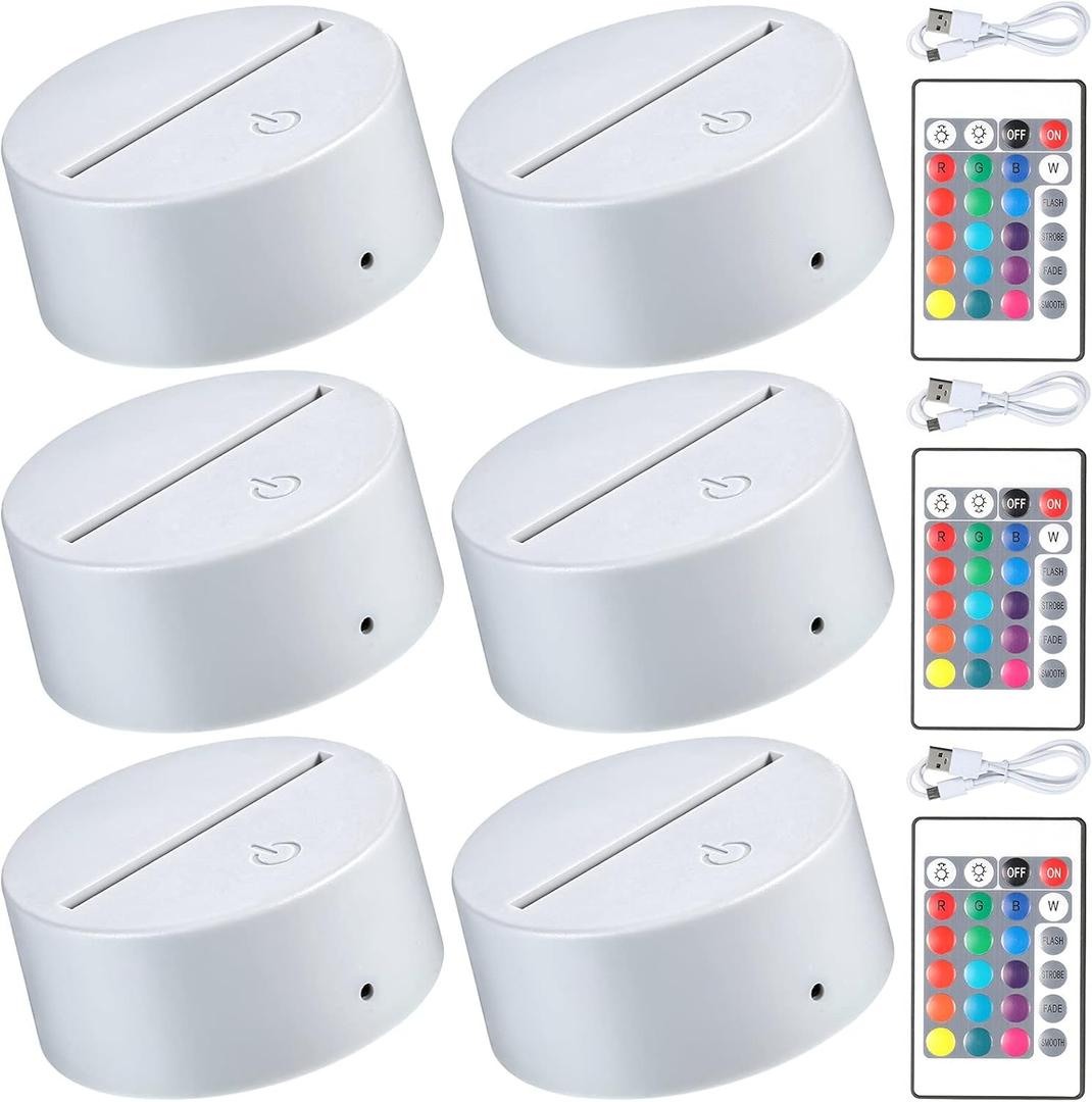 Honoson 6 Pieces 3D Night LED Light Lamp Base 16 Colors LED Display Base with Remote Control and USB Cable, Christmas Light Lamp Display Acrylic for Restaurant Shop(Small,White)