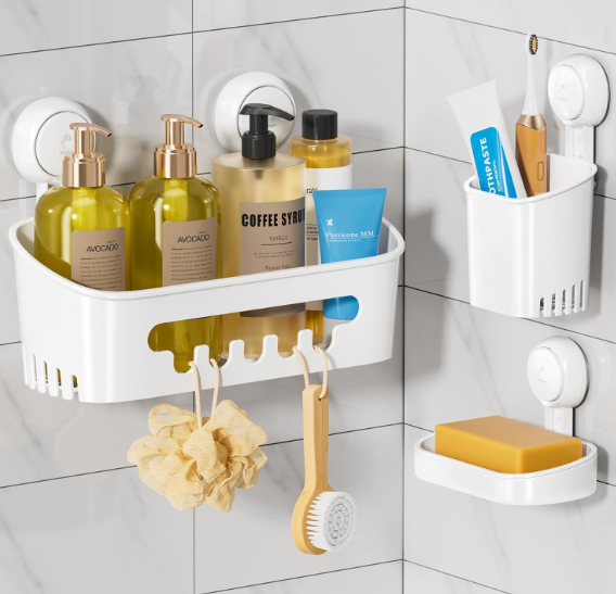 LEVERLOC Shower Caddy Suction Cup Set Shower Organizer & Soap Holder & Toothbrush Holder, Bathroom Shelf Basket NO-Drilling, Removable Suction Storage Waterproof Bathroom Caddy, White | Shower Organizer, Soap Holder, Toothbrush Holder, Removable Suction, Storage, Waterproof