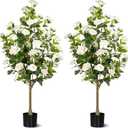 4FT Artificial Camellia Tree 2 Pack, Faux Floral Plant in Cement Pot Fake Silk Camellia Plants for Home House Living Room Office Decor