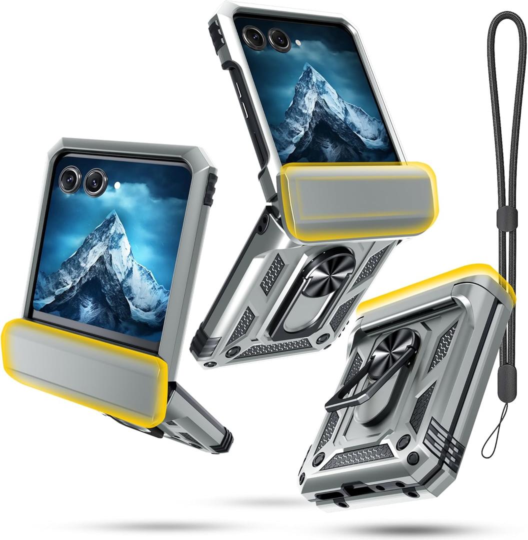 Janmitta Compatible with Moto Razr 2024/2025 Case,Razr+ Plus 2024/2025 Case with Lanyard+Hinge Protection+Finger Ring Holder Kickstand,Dual-Layer Full Body Protective Shockproof Phone Cover,Silver