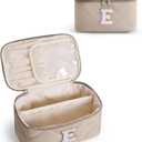 Wandering Nature Puffer Initial Makeup Bag, Personalized Travel Make Up Organizer Cosmetic Bags with Brush Holder and Divider, Gift with Chenille Letter for Moms, Wives, Girlfriend, Besties (E, Beige)