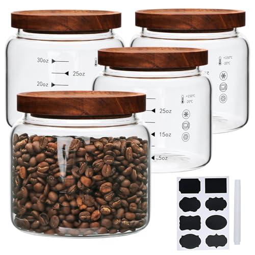 Datttcc Glass Jars,Set of 4 Glass Food Storage Containers with Wooden Lids,Clear Glass Canister Sets for Sugar,Tea,Coffee,Snack,Spice,Herbs(33 oz/ 1000 ml)