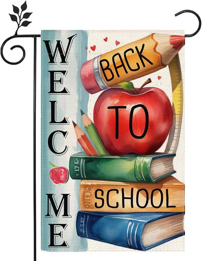 5 x Welcome Back to School Pencil Book Garden Flag 12x18 Inch Double Sided Flag Seasonal Classroom Teacher Flag Outdoor Yard Decoration