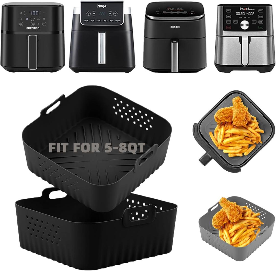Silicone Air Fryer Liners,2 Pcs Square silicone air fryer basket liners Reusable for Ninja Air Fryer Pro XL AF141 AF142 AF181 AF182 5.5 6 6.5 QT and Other 5-8QT,COSORI Air Fryer Accessories