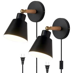 ClanKin Plug in Wall Sconces Lighting Set of 2, Black Wood Style Wall Sconce Reading Lamp, Adjustable Wall Light for Bedroom Hallway Living Room (2, Black Plug-in)
