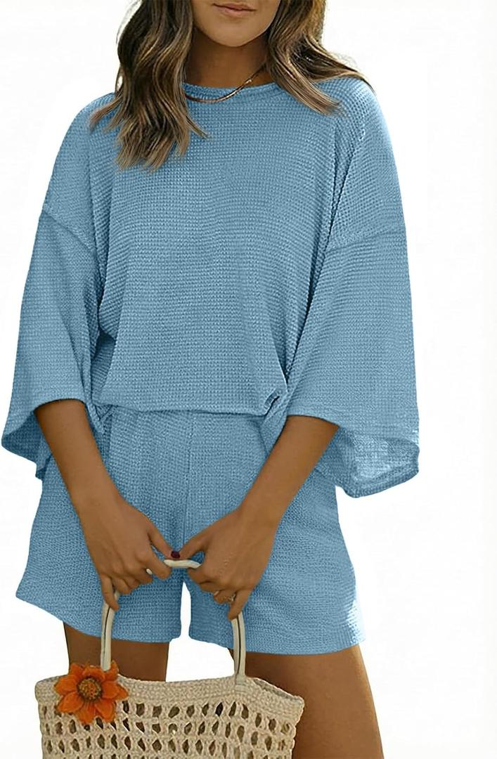 Tankaneo Womens Short Sets 2 Piece Outfits 3/4 Sleeve Tops and Elastic Waist Shorts Lounge Set Casual Loungewear (Blue, S)