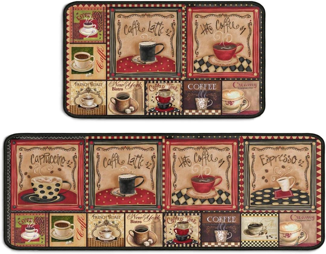 2 Piece Coffee Kitchen Decor Rug Set, Home Kitchen Sink Rugs and Mats Non Skid Washable Absorbent Microfiber Kitchen Floor Carpet 17"x47"+17"x30"