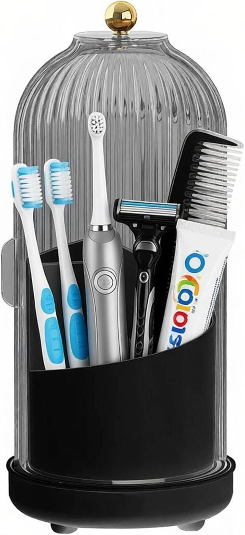 JEESA Toothbrush Holder Organizer, with Drainage Holes, with Dustproof Cover, 360 Rotating, 3 Slots, for Bathroom Countertop, Black