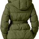 Women's Winter Warm Puffer Jackets Slim Fit Water-Resistant Detachable Hooded with Belt (Green, XL)