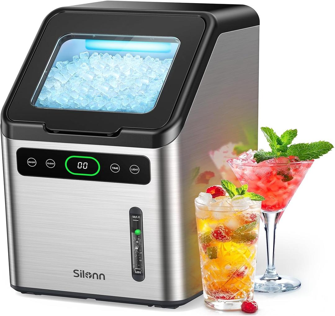 Silonn Nugget Ice Maker - Timer Ice Machine with Self-Cleaning, 44lbs per Day Pebble Ice Maker with Soft Chewable Ice, One-Click Operation Ice Machine for Home, Kitchen, Office (Silver)