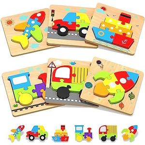 Yetonamr Wooden Toddler Puzzles Gifts Toys for 1 2 3 Years Old Boys Girls, 5 Vehicle Shape Montessori Toys Educational Blocks Kids Gift Baby Learning Toy Age 1-3, 2-4