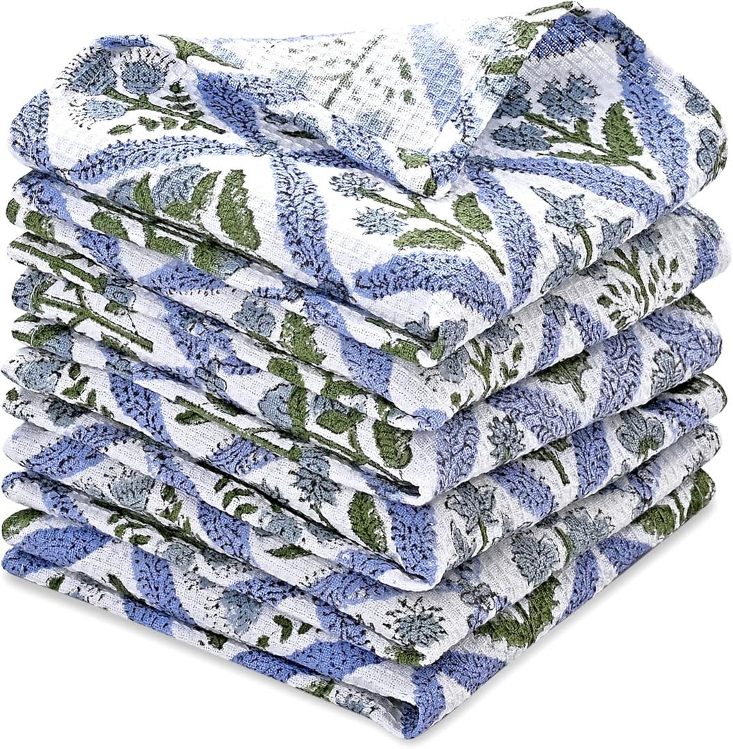 Ridhi Light Steel Blue Hand Block Print Cotton Waffle Dish Cloth Set of 6-12x12 Inch Super Absorbent, Soft, Reusable Kitchen Towels for Dish Drying Cleaning, Ideal for Spring, Easter, Valentine