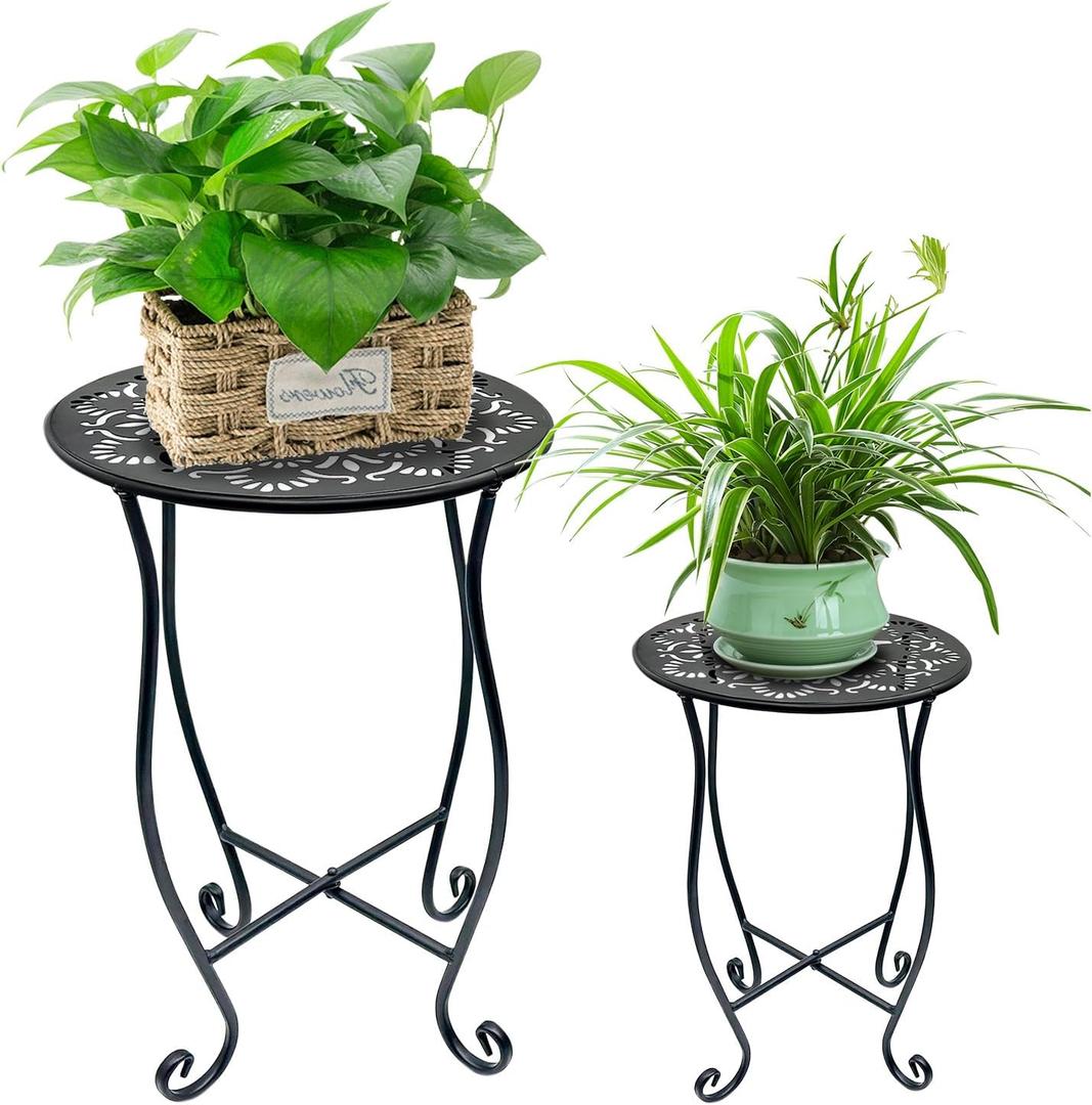 2pcs Plant Stand for Flower Pot Rack,Round Black Metal Plant Stand Indoor, Decorative Black Flower Pot Stand Plant Table, Rustproof Potted Holder Outdoor Plant Stands for Home Garden(1 large
