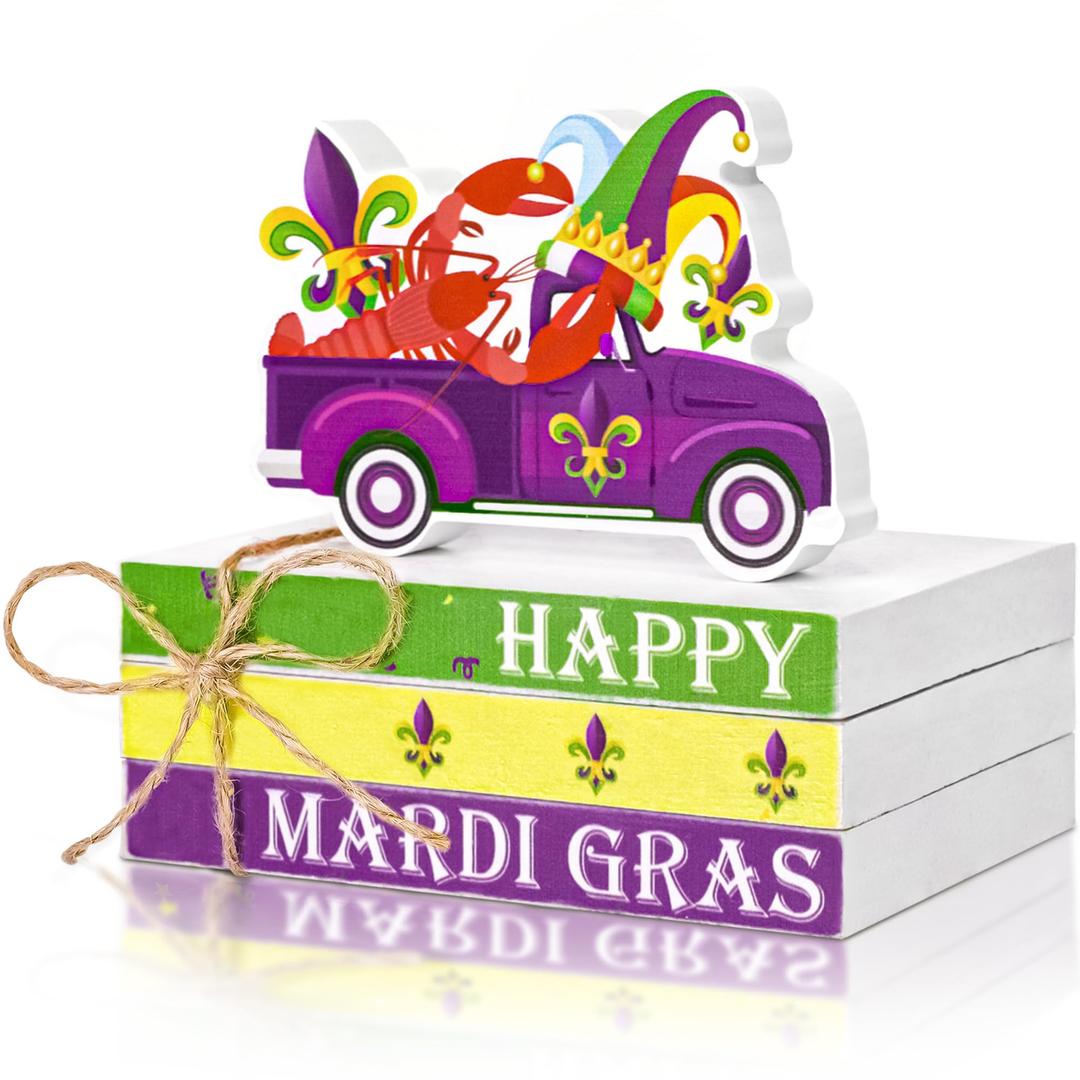 4PCS Mardi Gras Truck Wooden Table Centerpieces Decorations - Carnival Tiered Tray Party Decor for Home Mantel