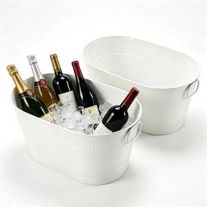 4 Gallon Galvanized Beverage Tub, 2 Pcs Heavy-Duty Ice Buckets Large Galvanized Drink Buckets with Handles for Catering Bars Parties (White-2PCS)