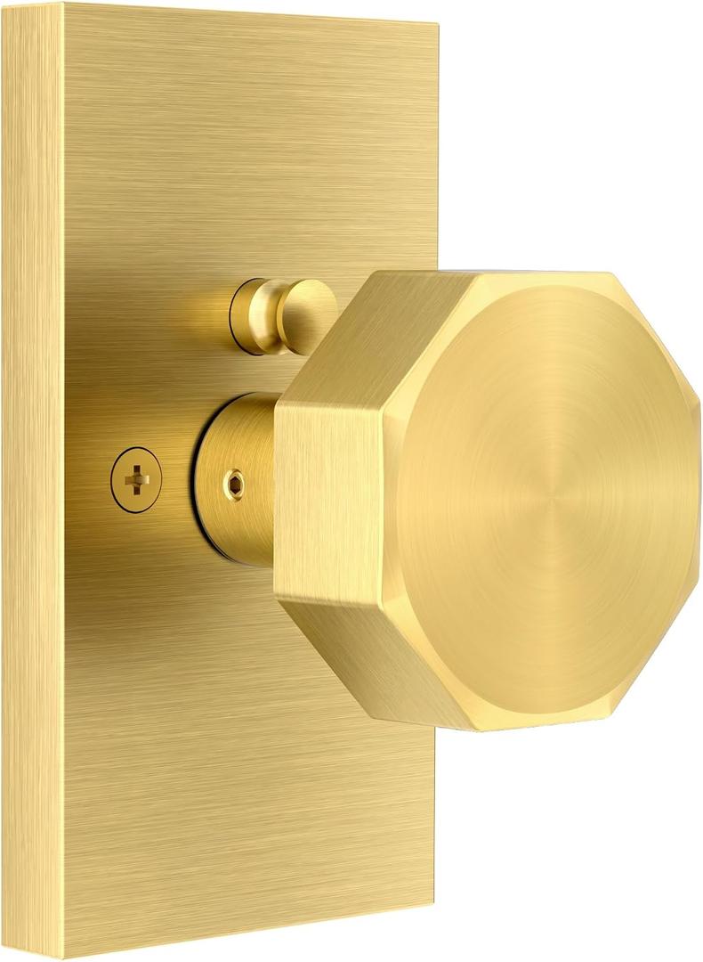 Privacy Gold Door Knob Interior, Gold Door Knobs with Lock, Octagonal Brass Door Knob Privacy, Satin Gold Door Knobs Interior for Bathroom Bedroom (1 Pack)