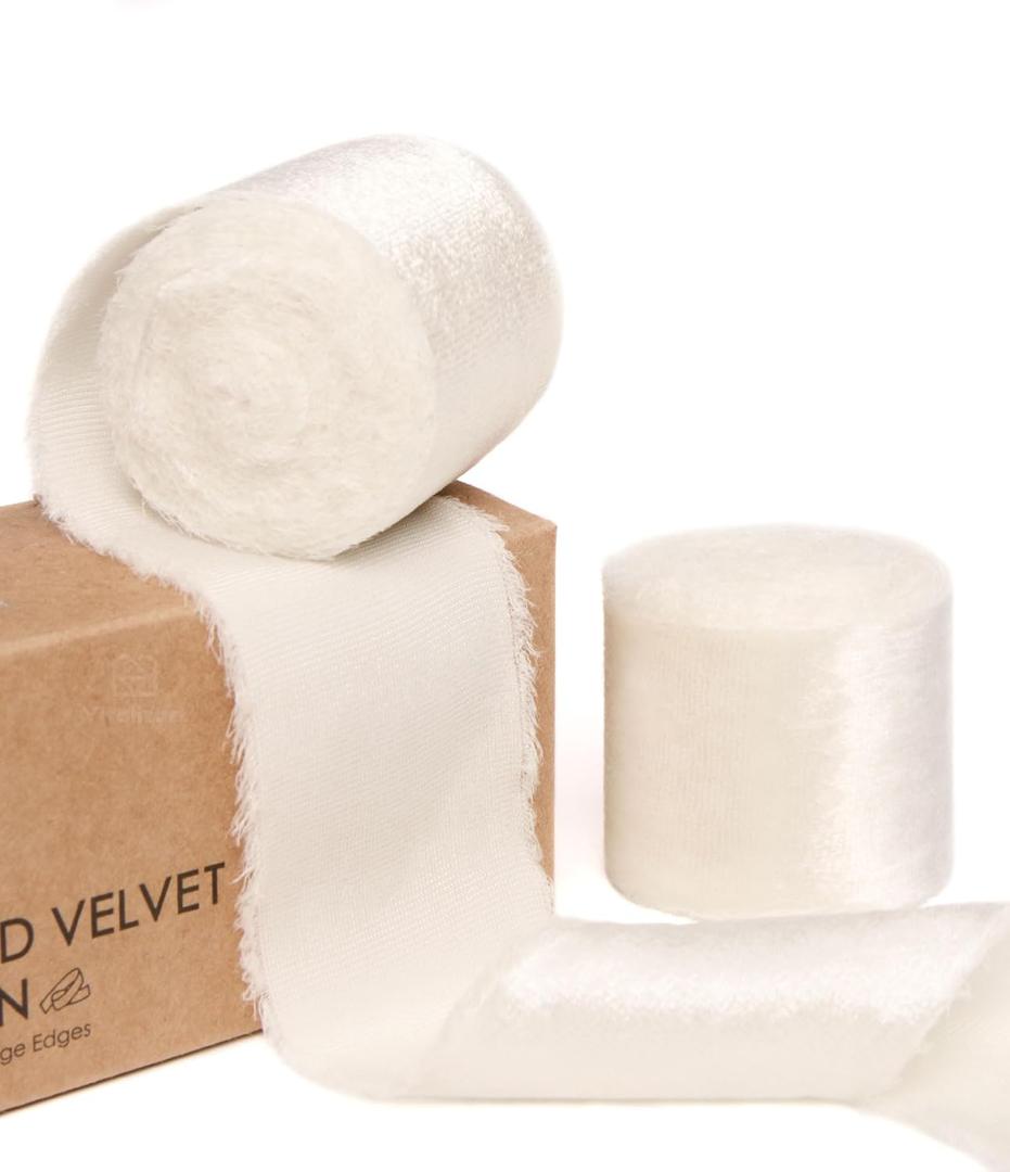 4 x Vitalizart Cream White Ribbon 1.5" Silky Velvet Ribbon Handmade Frayed Edges for Glossy Gift Wrapping Christmas Tree Ornaments Wreath Garland Holiday Decorations 5 Yd Total Ivory