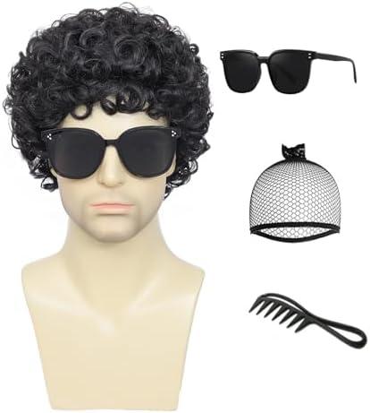 Airhostess Mens Short Afro Curly Wig for Male,70s 80s Disco Guy Rocker，Halloween Cosplay Fancy Wigs for Daily Party Costume (black)