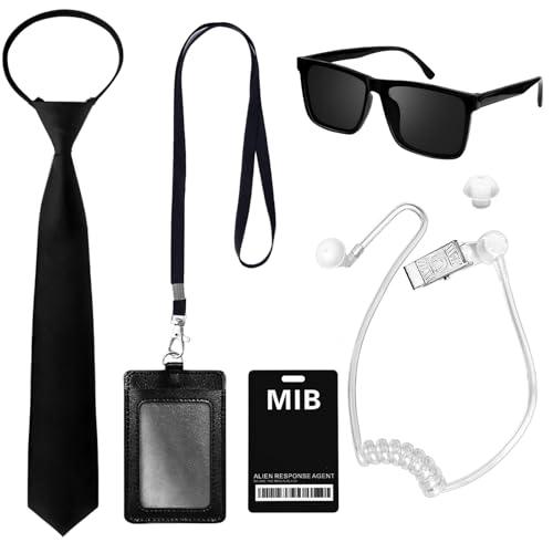 Xanllaxa 2 Pack Agent Costume Set,Secret Service Costume Accessories with Black Sunglasses ID Badge Adjustable Pretied Zipper Tie Earpiece, Spy Costume for Kids, Cosplay, Halloween, Party, Dress Up