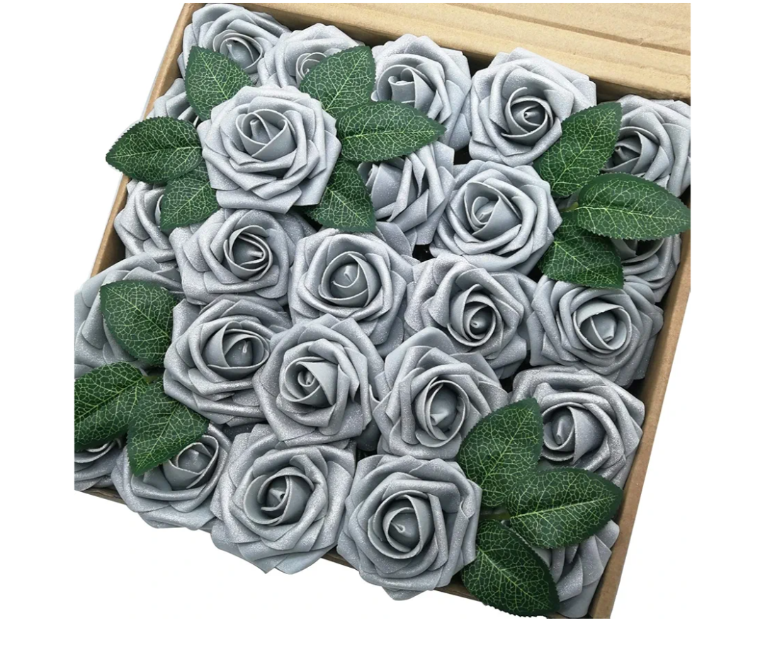 Jing-Rise Artificial Flowers 50PCS Real Looking Fake Roses with Stem for DIY Wedding Bouquets Centerpieces Party Baby Shower Home Decorations (Silver Grey)