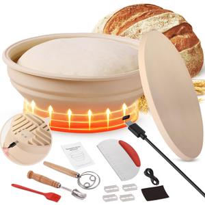 Heating Sourdough Bread Proofing Basket Set, Electric Thermostatic Silicone Batter Bowl, Banneton Baking Supplies, 9 Inch Round Foldable Proofing Bowl, White