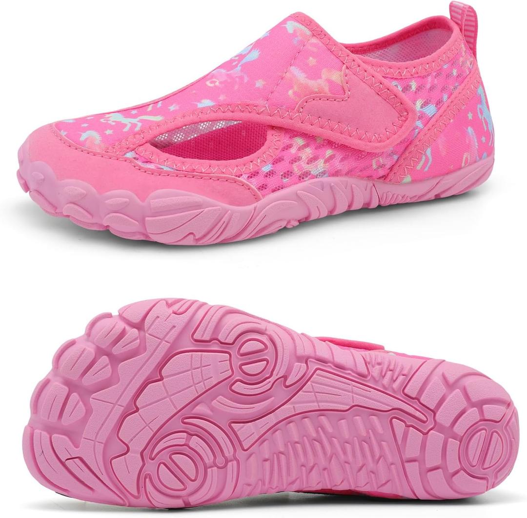 XIHALOOK Water Shoes for Kids Boys Girls Wide Toe Barefoot Quick Dry for Beach Swim Pool Surf Aqua Sports (9 Toddler, Pink Elf)