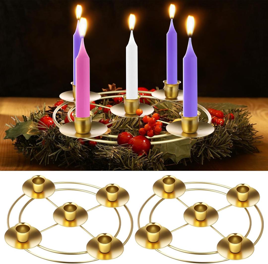 2 Pcs Christmas Advent Candle Wreath Ring Metal Candle Holder for Pillar Advent Rustic Candlesticks Holders for Xmas Table Centerpiece Decor Home (Thin,Round)