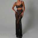 Women 2Pcs Lingerie Set Lace See-Through Sleeveless Camisoles High Waist Long Skirts with Chain Sleepwear