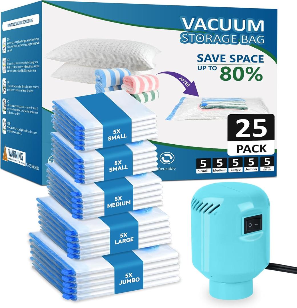 Large Vacuum Storage Bags with Electric Pump 25Pack(5 Jumbo/5 Large/5 Medium/5 Small/5 Roll) Vacuum Seal Bags For Clothing Travel Packing,Blanket,Duvets,Pillows,Comforters