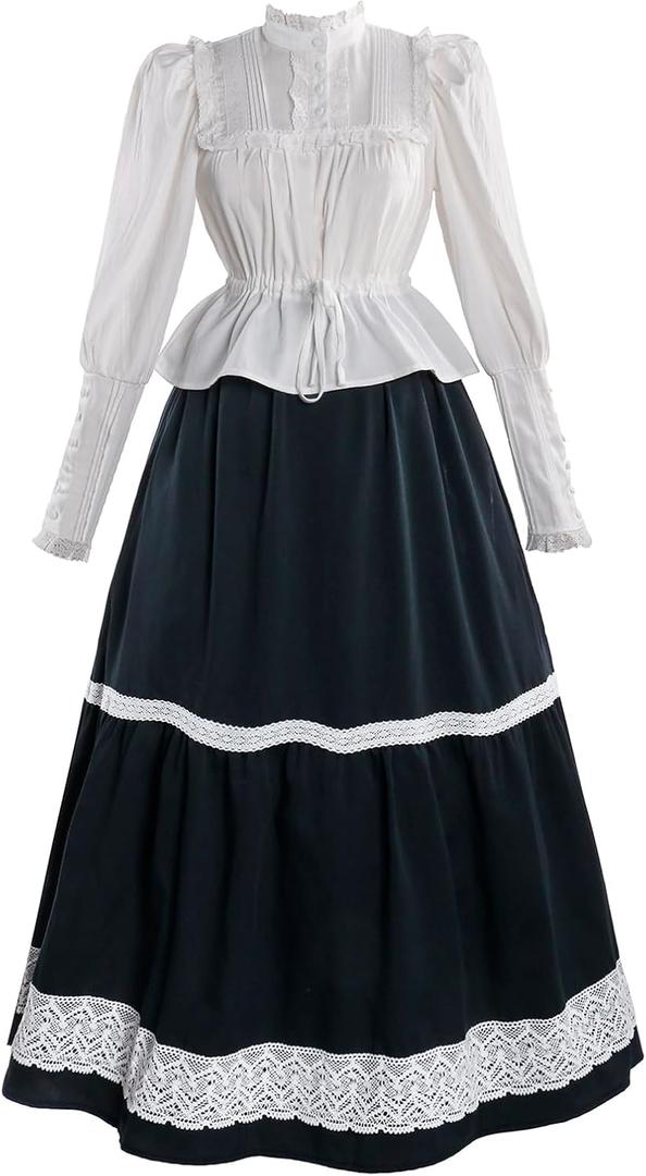 Edwardian Dress for Women 1900s Long Sleeve Victorian Two-piece Shirt Skirt Suit, XL