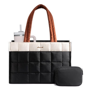 LOVEVOOK Tote Bag for Women, Puffer Work Handbag 15.6 Inch Laptop Purse for Nurse Teacher, Large Quilted Travel Tote Shoulder Bag with Zipper for College Office Clinical Gym, Cream-Black-Brown