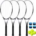 4 Pack Tennis Rackets for Adults Recreational 4 Players Pre Strung 27 Inch Tennis Racquets Lightweight Rackets Bulk with Balls Overgrips for Training