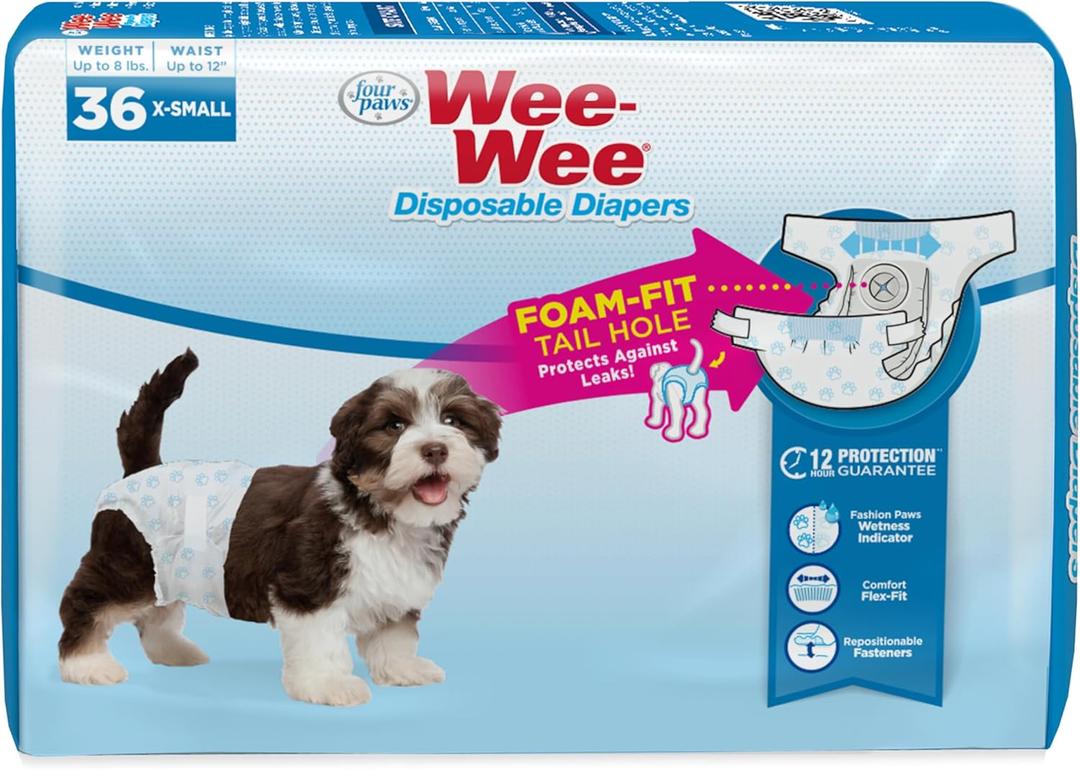 Four Paws Wee-Wee Super Absorbent Disposable Adjustable Dog Potty Training Diapers, Leak-Proof Protection for Dogs, Size Extra Small, Up to 8" Waist, 36 Count